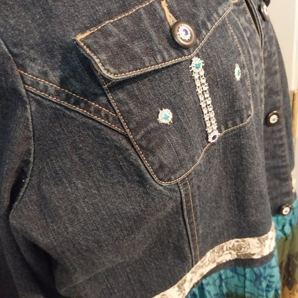 3548 Size XL Upcycled Lands End Jean Jacket Tunic with Crochet Embellishments. - Picture 7 of 9